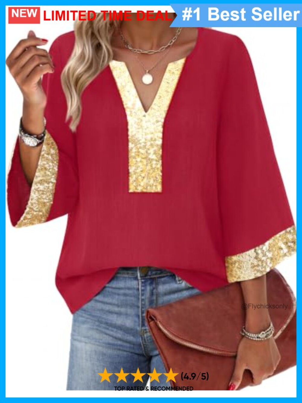 Floral Chiffon Blouse 3/4 Sleeve V-Neck Tunic Top Loose Fit